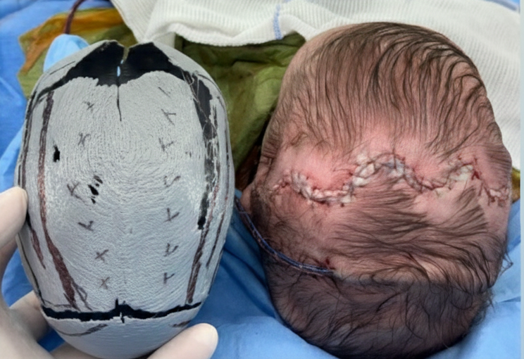 Bebê com formato de cabeça alterado indicando craniossinostose (cranioestenose). Artigo sobre cirurgia e tratamento com Neurocirurgião Pediátrico Dr. Diego Ramos em Campo Grande MS.