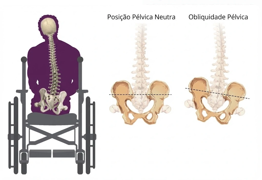 Ilustração médica comparativa para capa de artigo sobre Obliquidade Pélvica. À esquerda, representação de paciente cadeirante com escoliose neuromuscular grave e desalinhamento do quadril. À direita, esquema ósseo diferenciando uma Posição Pélvica Neutra de uma Pelve com Obliquidade (Bacia Torta).