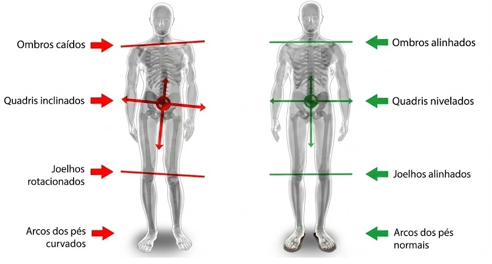 Ilustração comparativa de postura: lado esquerdo com obliquidade pélvica mostrando ombro caído e joelho valgo, lado direito com alinhamento correto.