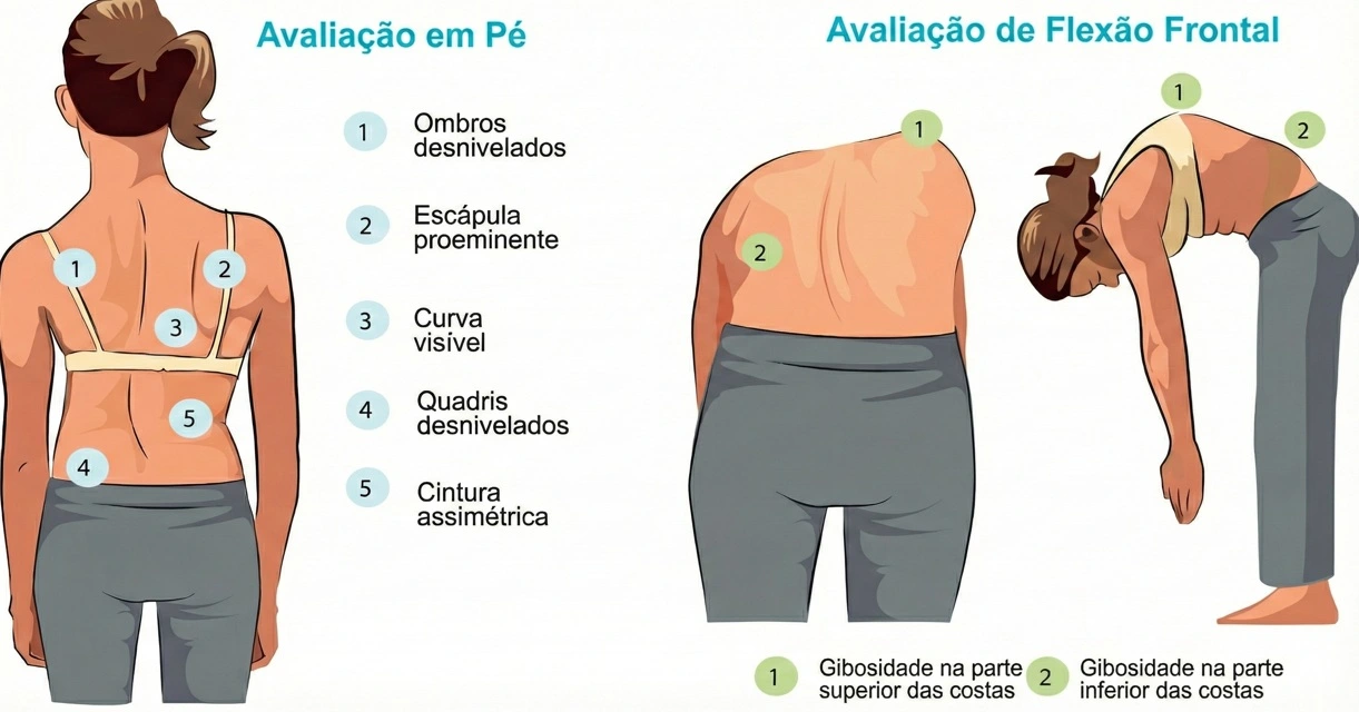 Infográfico numerado detalhando os 5 sinais visuais da escoliose: 1) Ombros desnivelados, 2) Escápula saltada, 3) Curva visível, 4) Quadris tortos, 5) Cintura assimétrica..