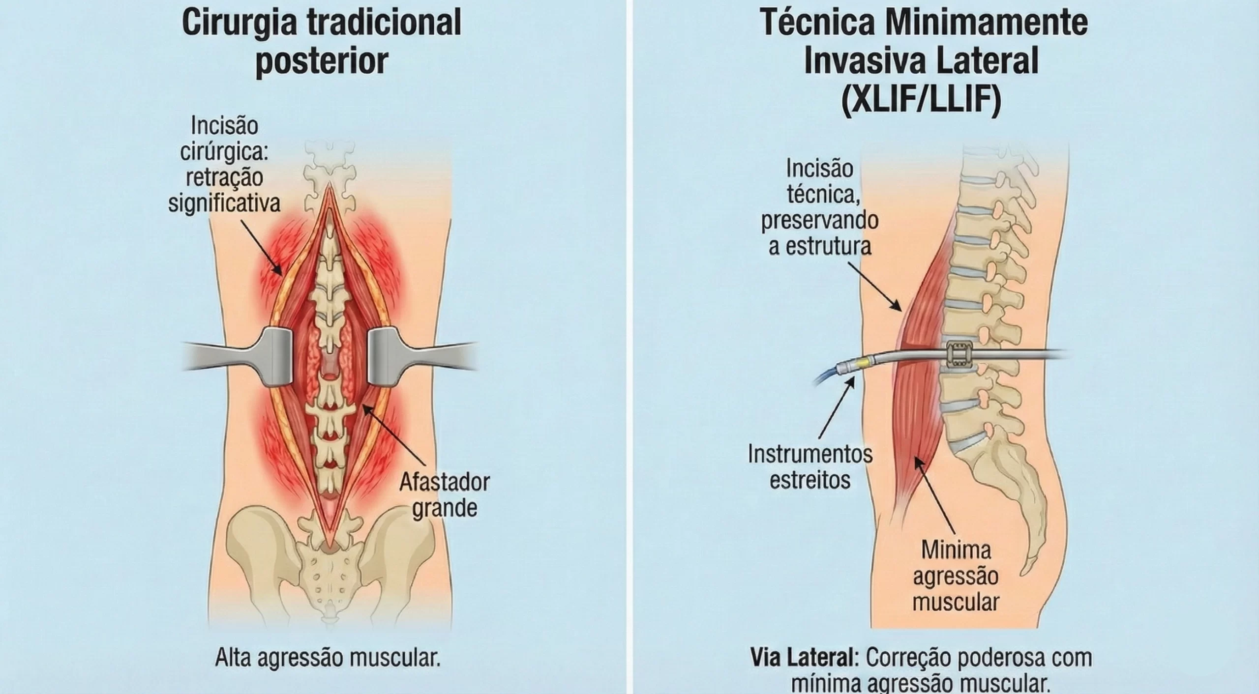 Ilustração médica comparativa lado a lado. À esquerda, demonstração da cirurgia tradicional posterior com grande incisão e retração muscular agressiva. À direita, técnica minimamente invasiva lateral (XLIF/LLIF) mostrando acesso por pequena incisão na cintura, preservando a musculatura das costas.