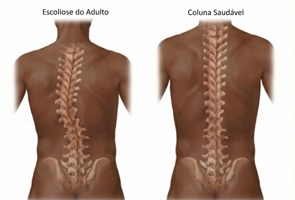 Ilustração médica 3D para capa de artigo comparando uma coluna vertebral saudável (alinhada) com uma coluna apresentando Escoliose do Adulto (desvio lateral e rotacional).