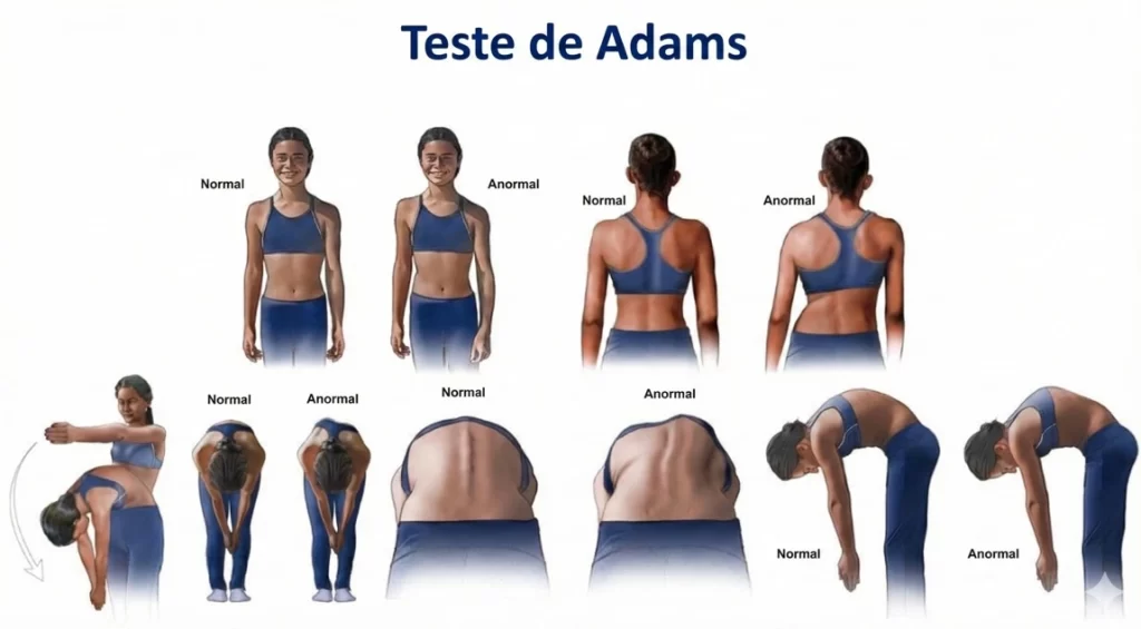 Ilustração completa do Teste de Adams mostrando comparativo entre criança saudável (normal) e com escoliose (anormal) nas posições em pé e inclinada.