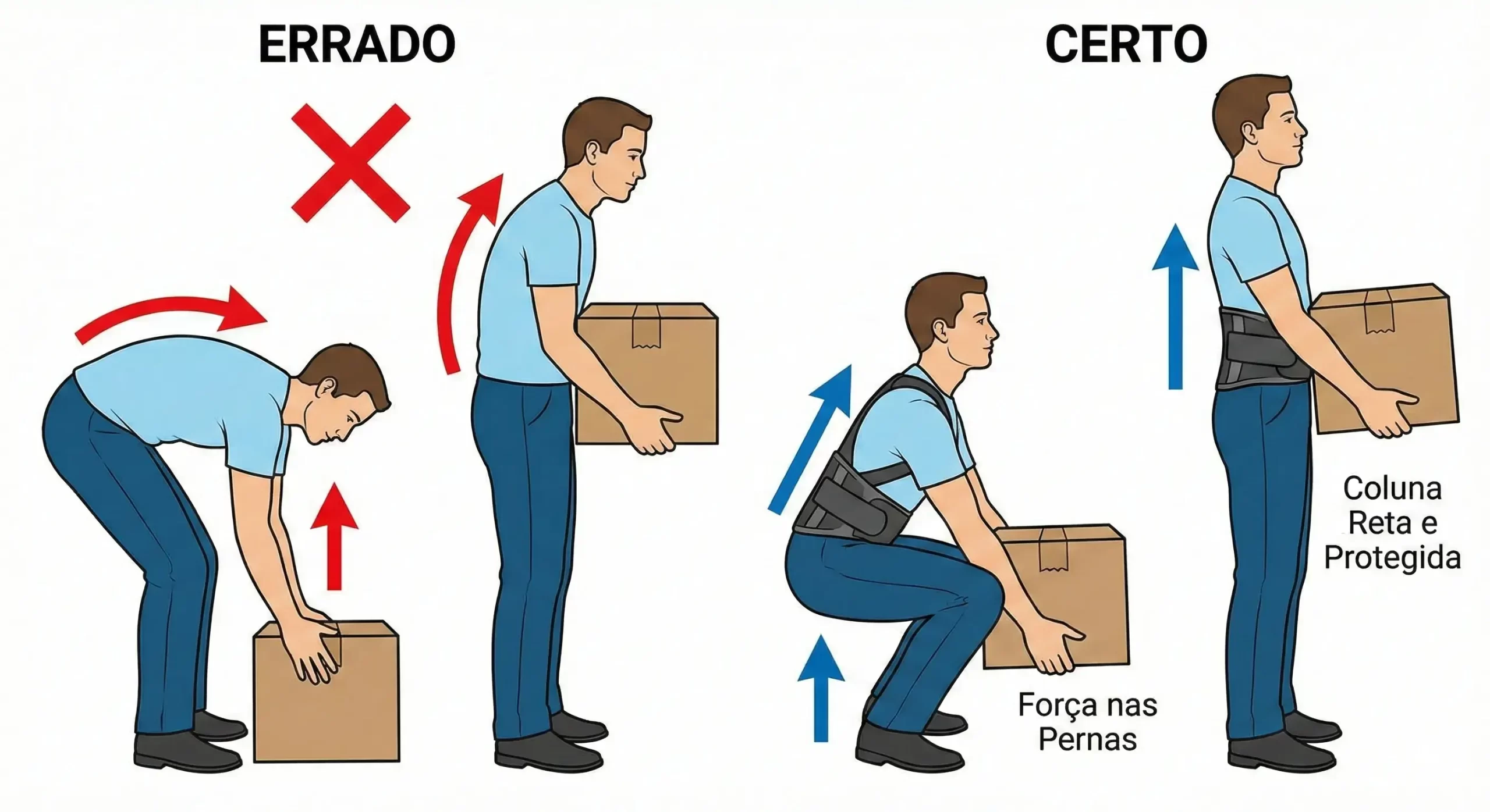 Ilustração demonstrando como agachar dobrando os joelhos para proteger a coluna operada
