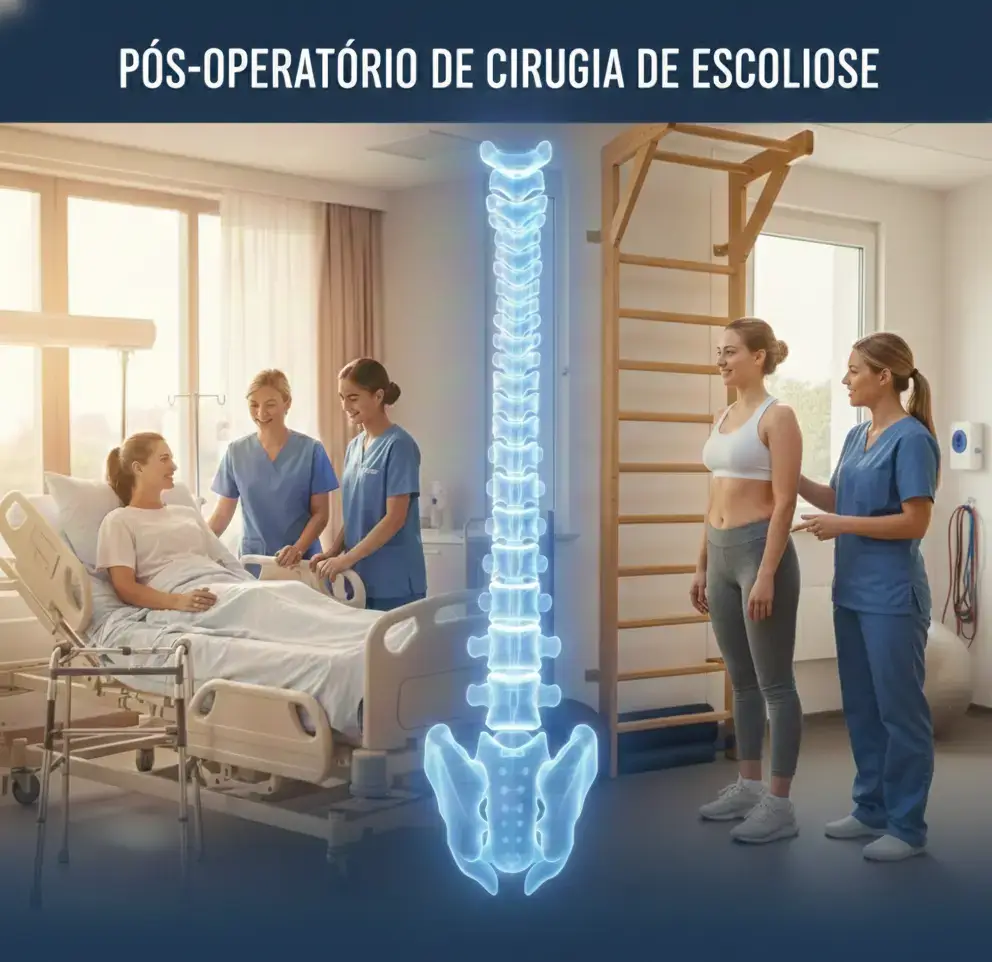 Antes e depois do pós-operatório de cirurgia de escoliose