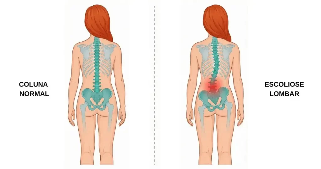Comparação entre coluna vertebral com alinhamento normal e escoliose lombar com desvio na região inferior da coluna