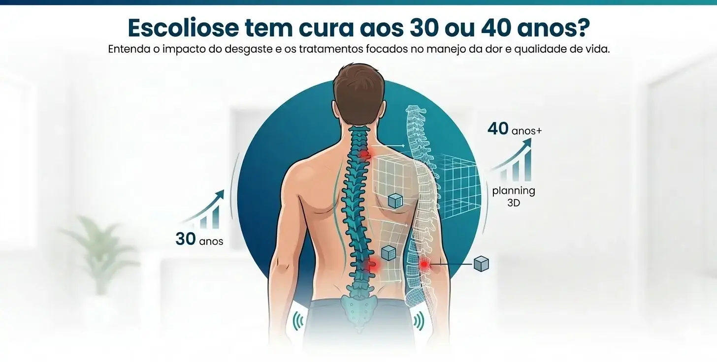 Ilustração de um paciente com escoliose na fase adulta, destacando os pontos de desgaste e dor na coluna, respondendo se a escoliose tem cura aos 30 ou 40 anos.