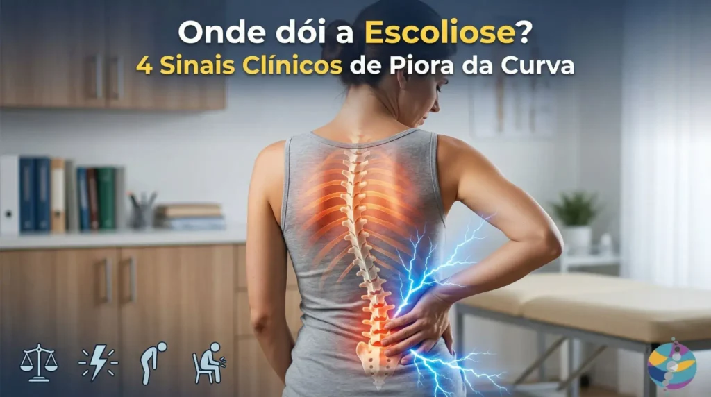 Imagem de capa de postagem de blog sobre onde dói a escoliose, mostrando uma mulher com dor nas costas sobreposta por uma ilustração de coluna curvada. Inclui ícones para 4 sinais clínicos de piora da curva: assimetria (balança), dor neurológica (raio), fadiga sagital (pessoa curvada) e dificuldade em sentar.