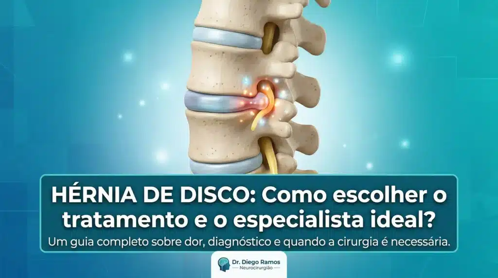 Ilustração médica de hérnia de disco lombar comprimindo nervo, usada na capa do artigo sobre tratamento da hérnia de disco com Dr. Diego Ramos, neurocirurgião em Campo Grande