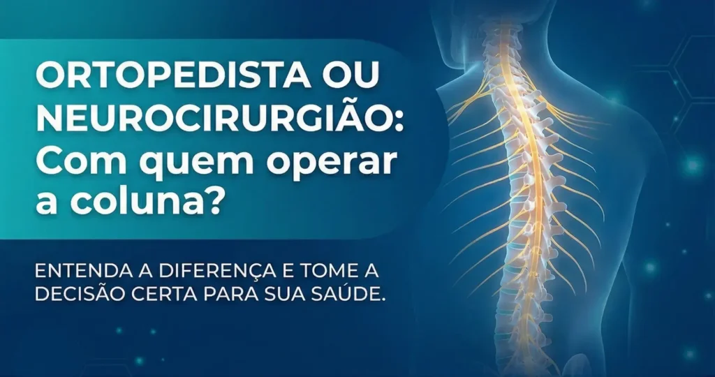 Imagem dividida ilustrando a diferença entre neurocirurgia e ortopedia. No centro, uma coluna vertebral iluminada. Do lado esquerdo (azul), a representação do cérebro e nervos (neurocirurgião). Do lado direito (laranja), a estrutura óssea e muscular (ortopedista). Texto central: "Ortopedista ou Neurocirurgião? Qual o Especialista Certo para a Coluna?