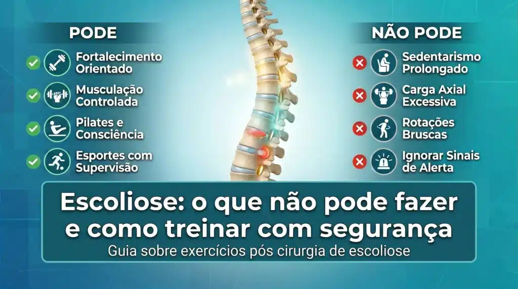Infográfico comparativo mostrando o que é permitido (fortalecimento orientado, pilates) e o que é proibido (carga axial, rotações bruscas) no treino para quem tem escoliose ou passou por cirurgia.