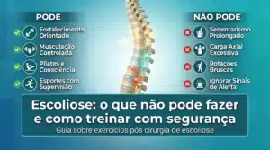 Infográfico comparativo mostrando o que é permitido (fortalecimento orientado, pilates) e o que é proibido (carga axial, rotações bruscas) no treino para quem tem escoliose ou passou por cirurgia.