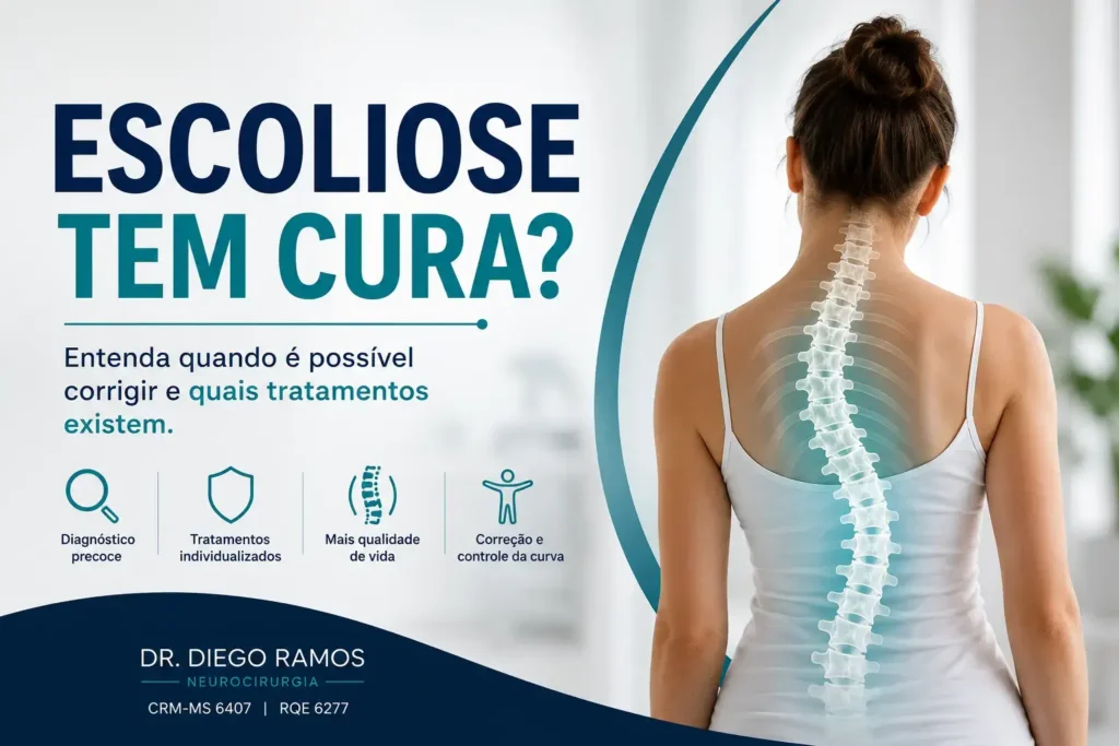 Mulher com ilustração da coluna mostrando escoliose, representando o tema "Escoliose tem cura?" e os tratamentos para correção da curvatura da coluna.