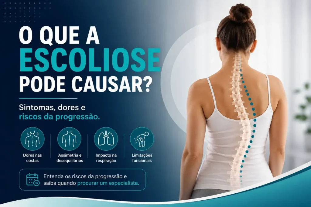 Mulher vista de costas com ilustração da coluna representando a escoliose e os principais sintomas, dores e riscos da progressão da curvatura da coluna para representar o blog o que a escoliose pode causar