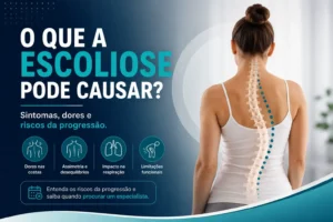 Mulher vista de costas com ilustração da coluna representando a escoliose e os principais sintomas, dores e riscos da progressão da curvatura da coluna para representar o blog o que a escoliose pode causar