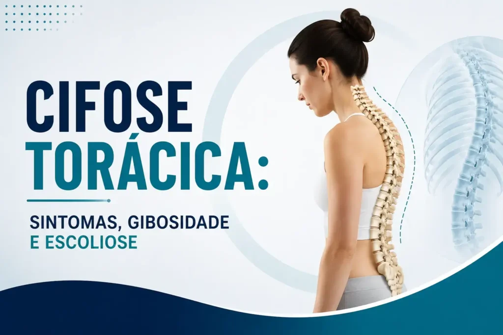 Mulher vista de lado com ilustração da coluna representando cifose torácica e aumento da curvatura das costas.