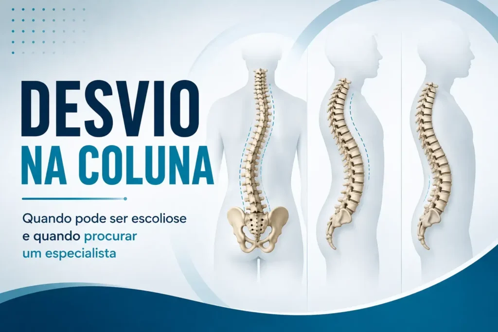 Ilustração mostrando diferentes tipos de desvio na coluna vertebral, incluindo alterações compatíveis com escoliose, cifose e lordose, representando quando procurar avaliação com especialista.
