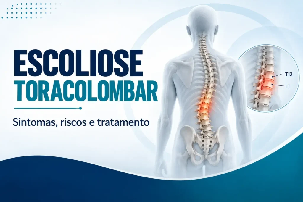 Ilustração da escoliose toracolombar com curvatura da coluna na transição entre as regiões torácica e lombar, próxima a T12 e L1.