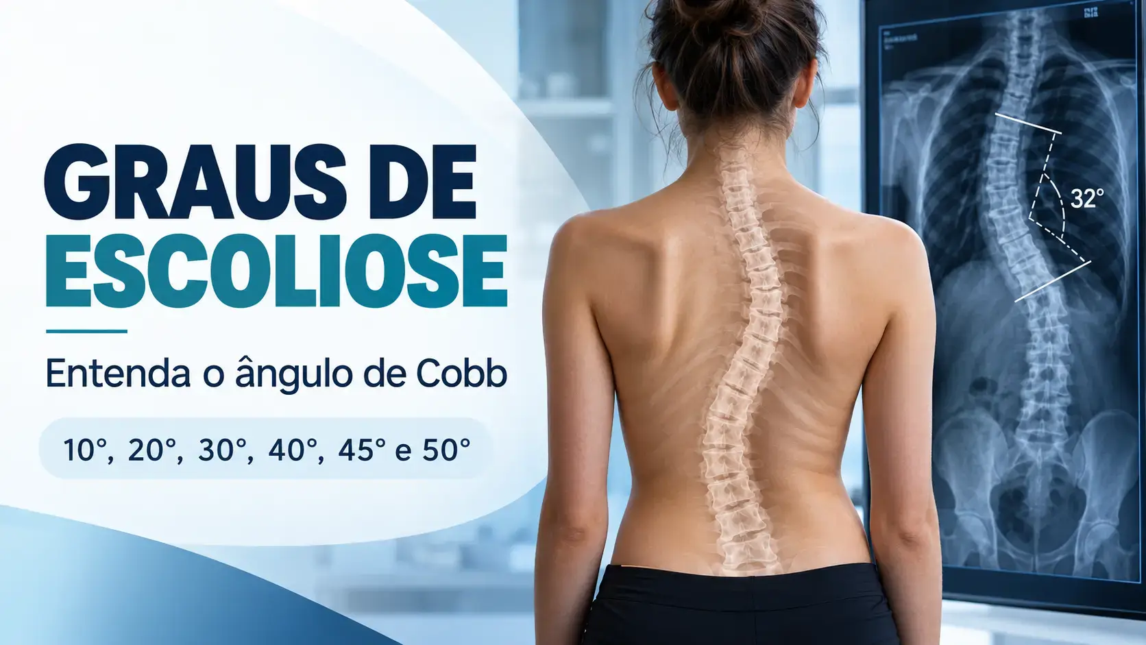 Pessoa vista de costas com representação da curvatura da coluna vertebral e radiografia mostrando a medição de 32 graus pelo ângulo de Cobb.